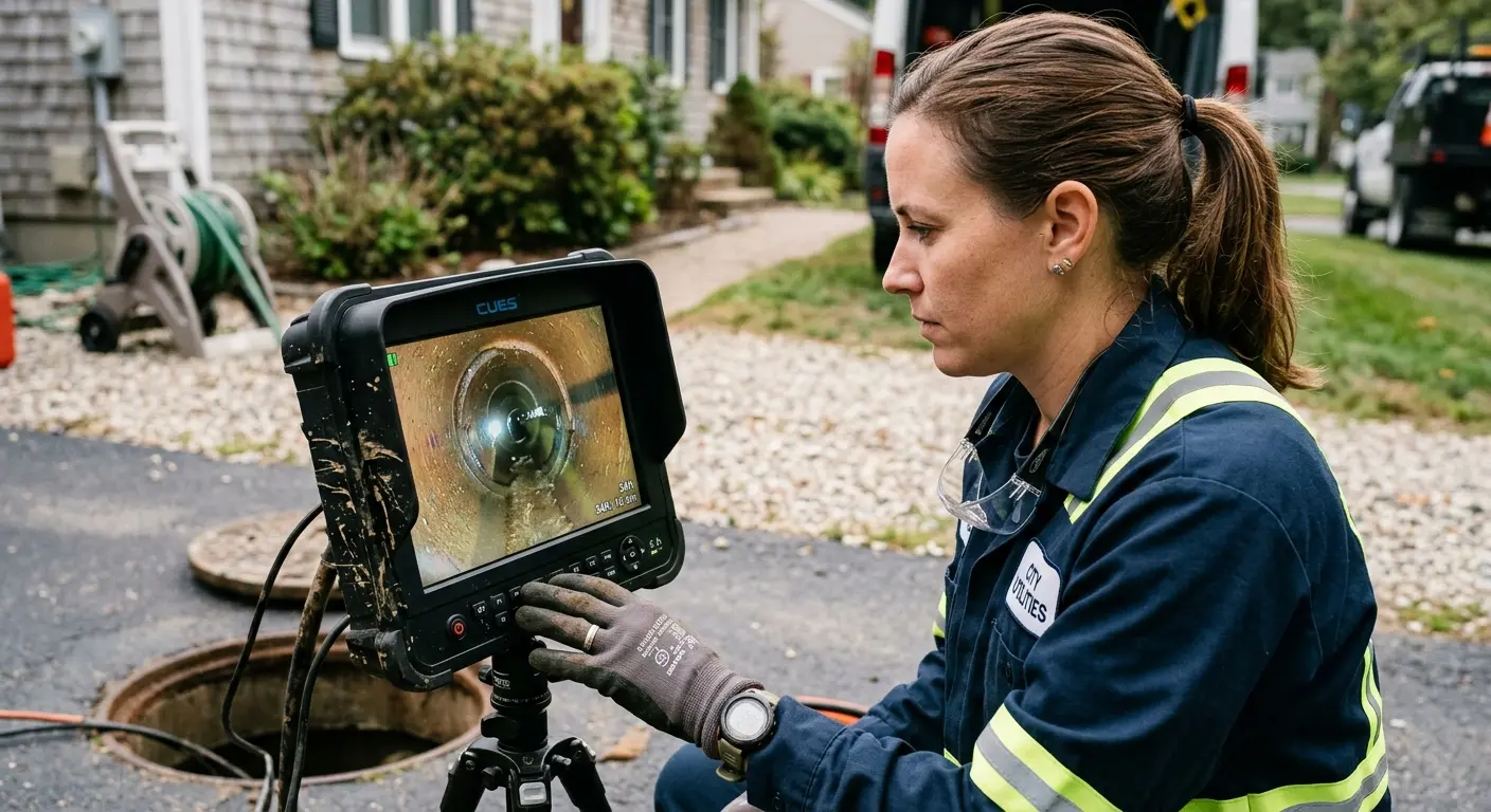 Technician reviewing sewer camera inspection footage in Logan