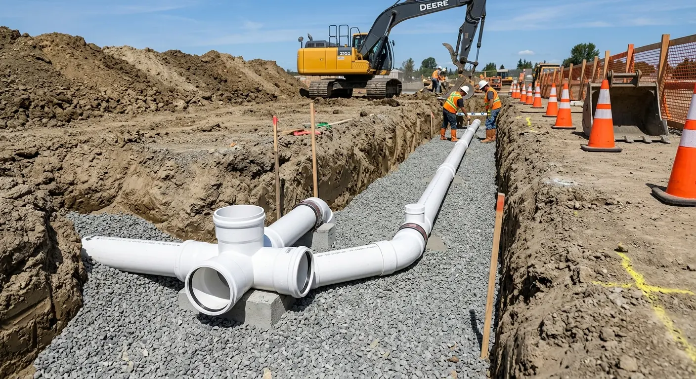New PVC sewer pipe installation in open trench for Sewer Backup in Logan