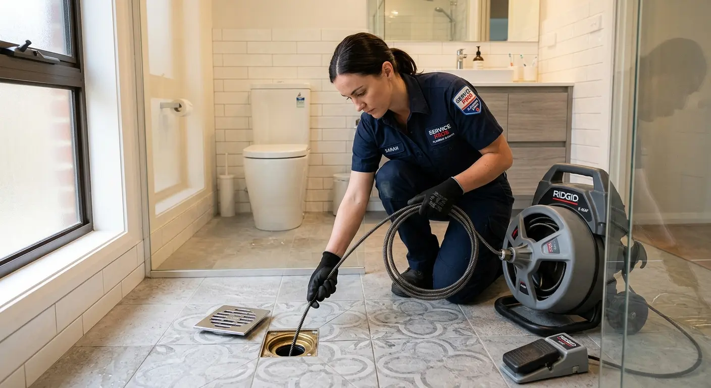 Technician clearing a bathroom floor drain for Hydro Jetting in Logan